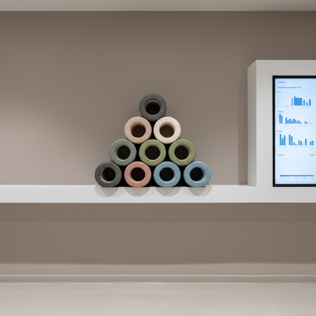 A stack of high-density foam rollers, each in muted, neutral shades with smooth, seamless surfaces, neatly arranged on a minimalist, built-in wall shelf finished in matte white. The setting is a contemporary training room with uncluttered lines, featuring a backdrop of soft taupe walls and an integrated digital display showing performance metrics. Even, overhead LED lighting produces crisp illumination and well-defined, minimal shadows beneath each roller, highlighting their refined texture. The composition is centered and symmetrical with sharp focus throughout, channeling a calm, disciplined mood. The overall presentation aligns with a professional, structured, and modern photographic style suited to advanced injury prevention and wellness environments.