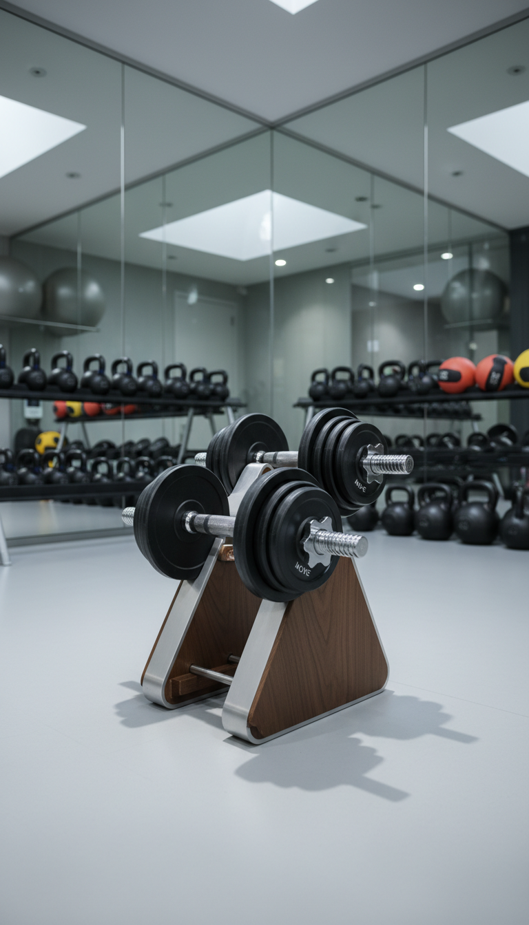 A sleek set of premium adjustable dumbbells with polished chrome handles and matte black weight plates, resting in a custom holder with clean geometric lines. The holder is situated on a pristine, light gray fitness studio floor surrounded by glass walls that reveal well-organized kettlebells and medicine balls lining the perimeter. Soft, diffused daylight pours in from above, creating subtle highlights along the chrome surfaces and gentle shadows underneath the holder. The atmosphere is highly professional and purpose-driven, evoking a sense of focus and readiness. Framed with a slightly elevated angle and balanced composition, the image emphasizes clarity and order, resonating with a clean, corporate, photographic realism ideal for showcasing modern medical exercise equipment.