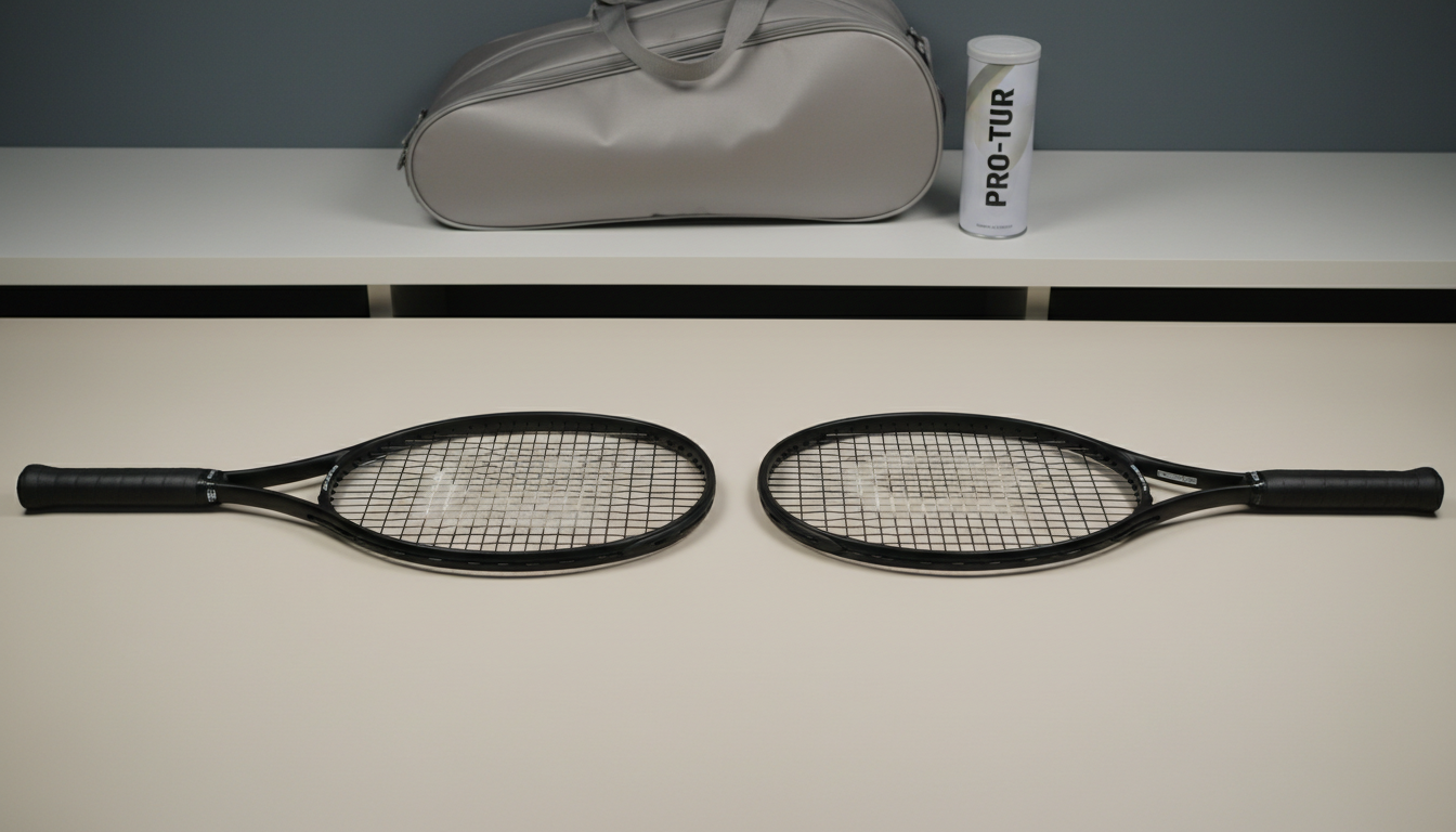 A pair of meticulously crafted, carbon fiber tennis rackets with precision stringing and soft matte black grips, displayed flat on a minimalist, sand-colored tabletop. The background features a streamlined, neutral-gray sports bag and a single can of tennis balls with a sleek, clinical label, arranged on a nearby shelf. Cool, balanced overhead studio lighting creates understated highlights and sharp definition, offering clear, shadowed visibility of the rackets’ texture and construction. The overall composition is clean and horizontally balanced, evoking a mood of confidence and technical expertise. The aesthetic is contemporary, structured, and unfussy, reflecting high-level tennis performance coaching in a business setting.