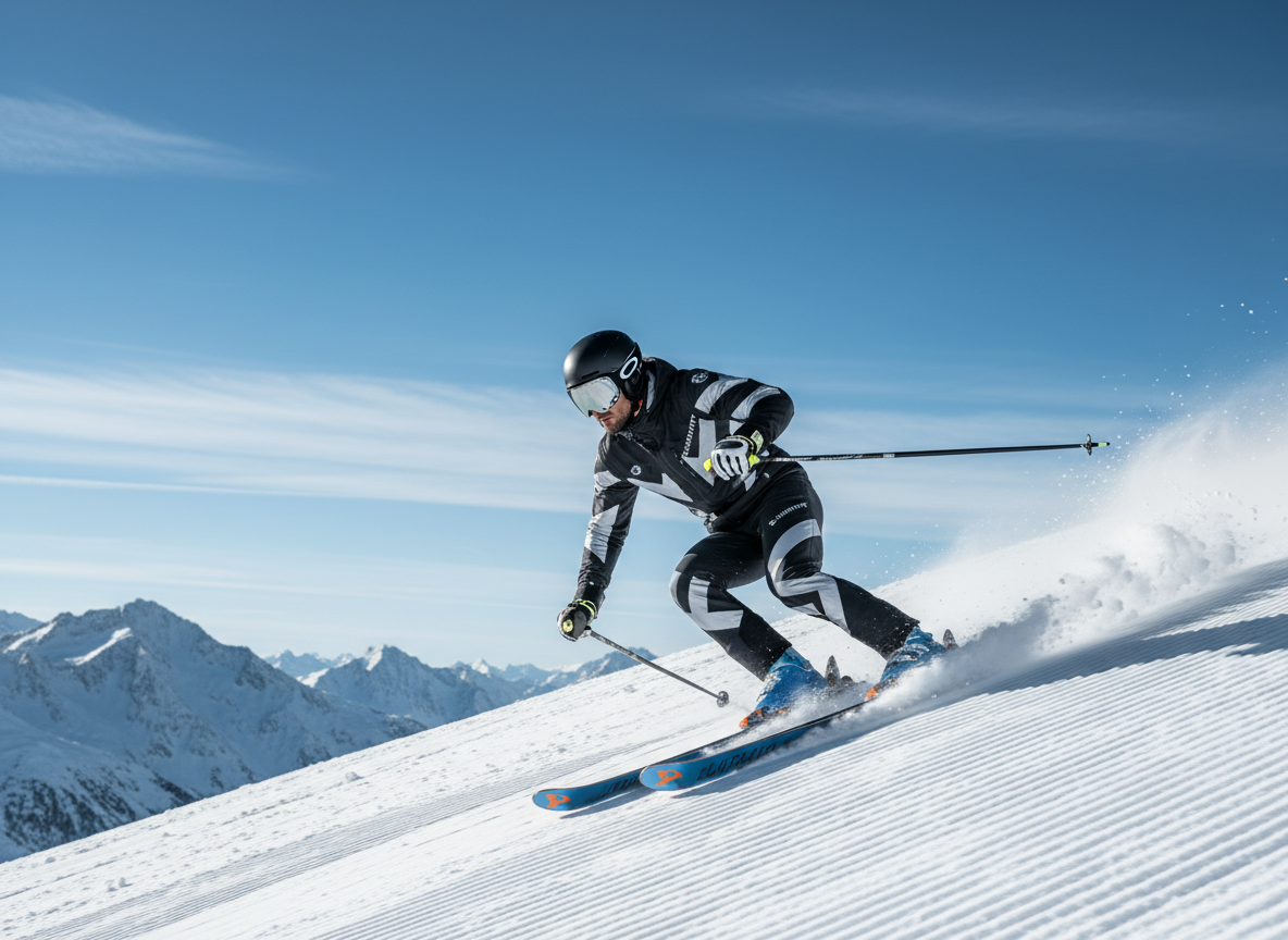 A dynamic, high-contrast image of a skier carving down a snowy mountain slope under a clear blue sky, with crisp snow spray and modern ski gear, in a clean, professional style that fits a performance-focused fitness brand.